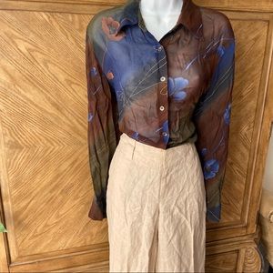 Georgiou Vintage brown blue floral sheer blouse